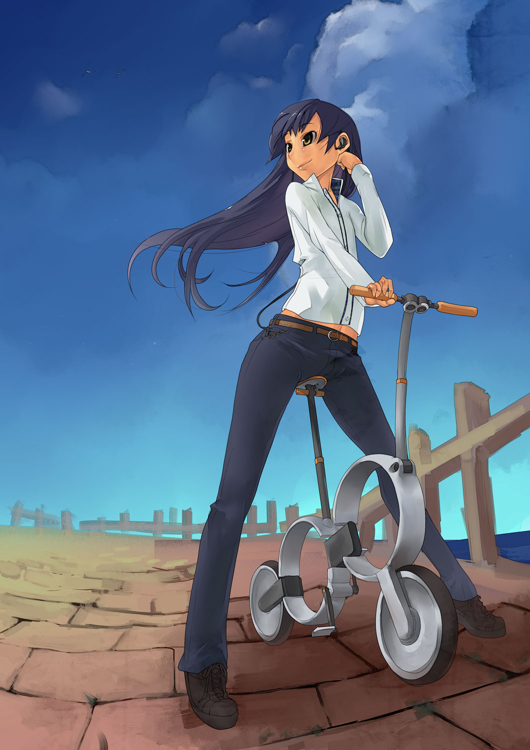 akai_hana, blue_hair, brown_eyes, denim, earphones, folding_bicycle, highres, idolmaster