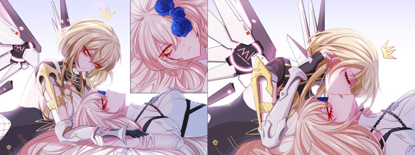 01pado_pado, 2girls, alpha_(punishing:_gray_raven), armlet, blonde_hair, blue_flower, blue_rose, breasts