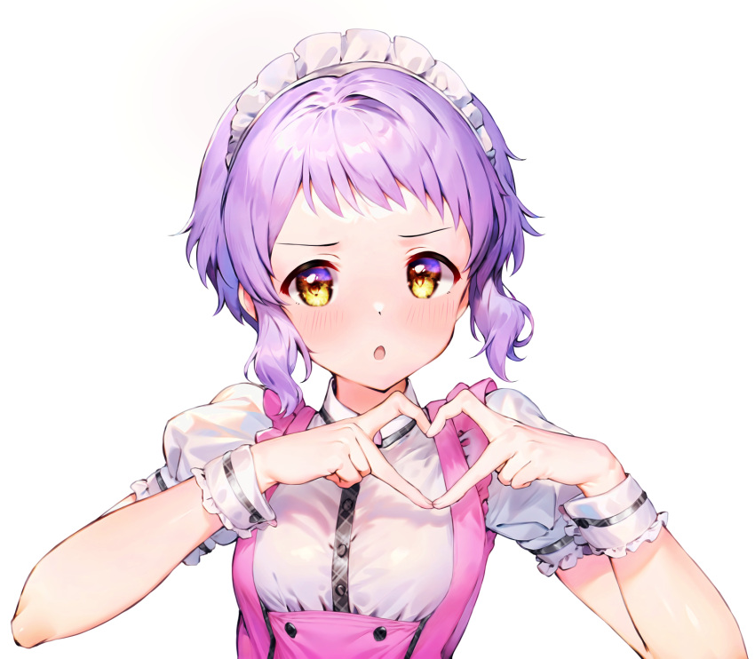 1girl, blush, dot_nose, flat_chest, frilled_shirt, frills, hands_up, heart