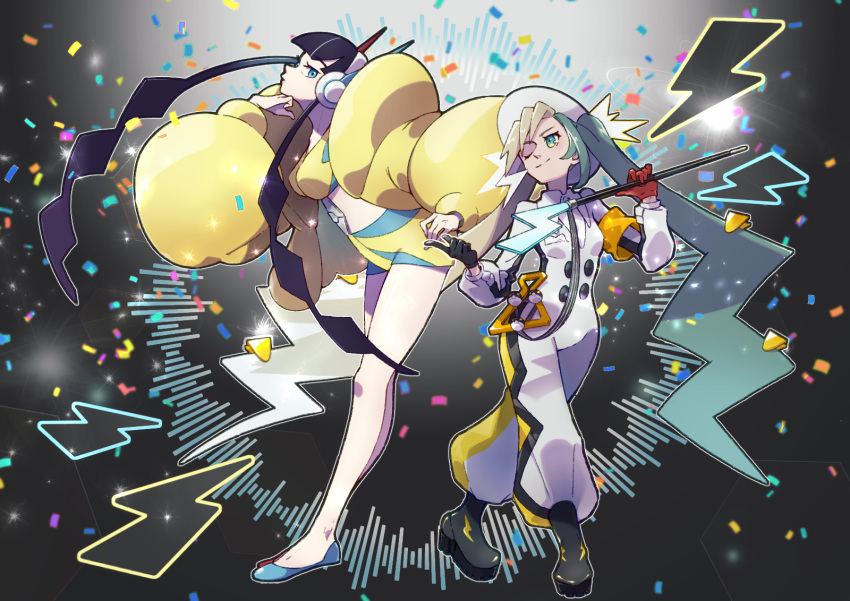 2girls, armband, asymmetrical_gloves, bike_shorts, black_footwear, black_gloves, black_hair, blue_eyes, blunt_bangs, boots, buckle, cane, crop_top, electric_miku_(project_voltage), elesa_(pokemon), gloves, green_eyes, hand_on_own_chin, hat, hatsune_miku, headphones, highres, irus_inaiyo, jacket, jumpsuit, lightning_bolt_symbol, long_hair, midriff, mismatched_gloves, multicolored_hair, multiple_girls, one_eye_closed, poke_ball, pokemon, project_voltage, red_gloves, short_hair_with_long_locks, sidelocks, twintails, two-tone_hair, ultra_ball, very_long_hair, vocaloid, white_jumpsuit, yellow_armband, yellow_jacket