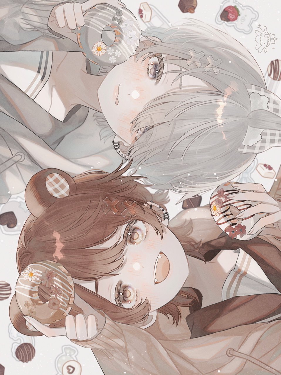 2girls, animal_ears, bear_ears, blush, brown_eyes, brown_hair, brown_hoodie, commentary
