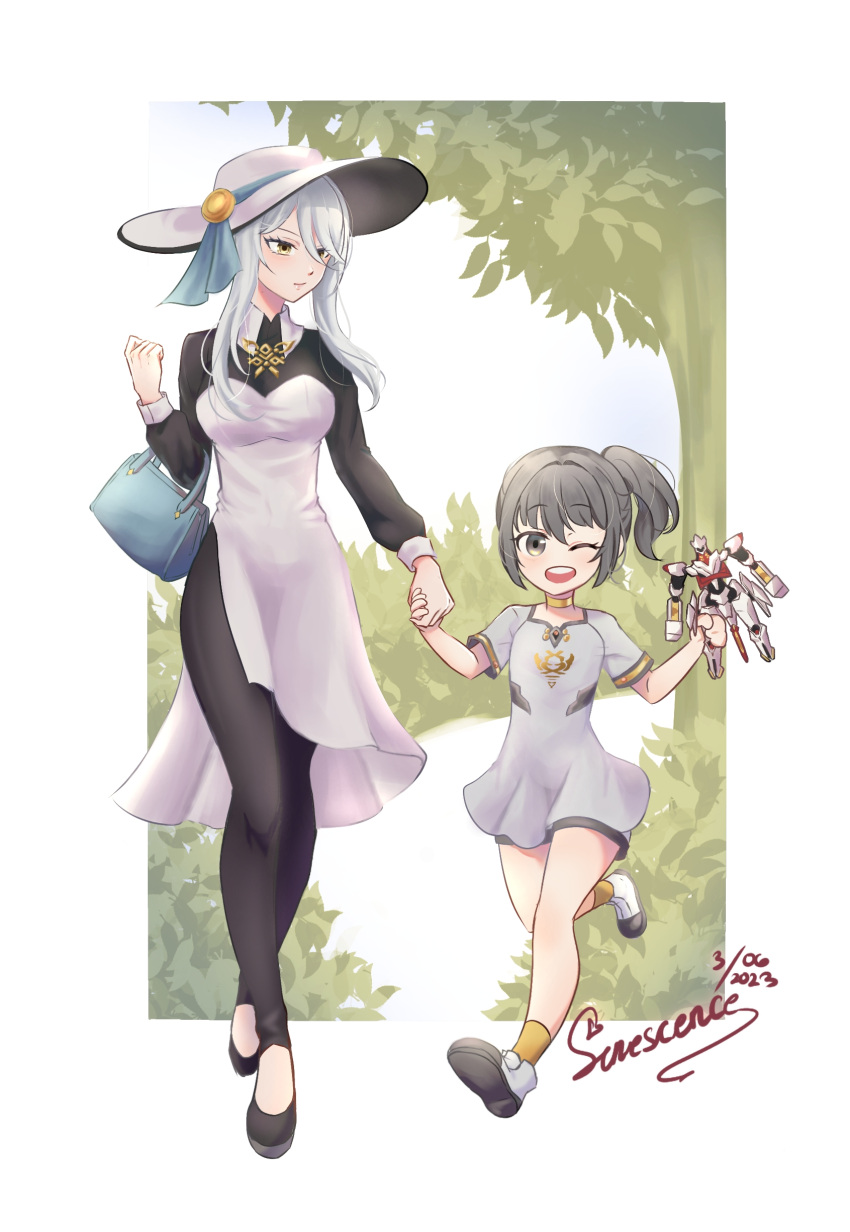 2girls, absurdres, aged_down, artist_name, bag, black_bodysuit, black_dress, bodysuit