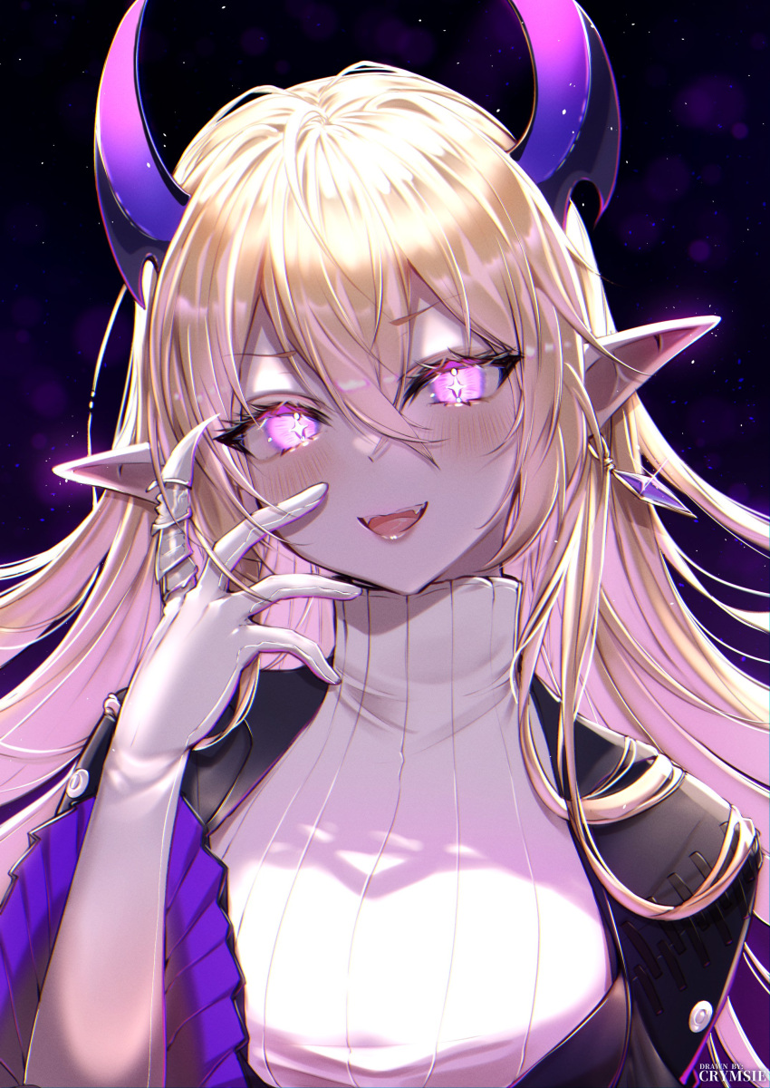 +_+, 1girl, absurdres, black_sleeves, blonde_hair, blush, breasts, claw_ring