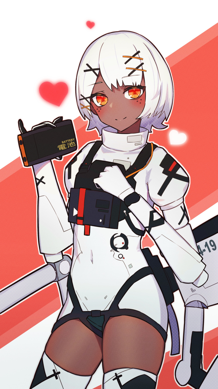 1girl, absurdres, asymmetrical_hair, bag_(bag5843752), battery_removed, blush, bodysuit, closed_mouth