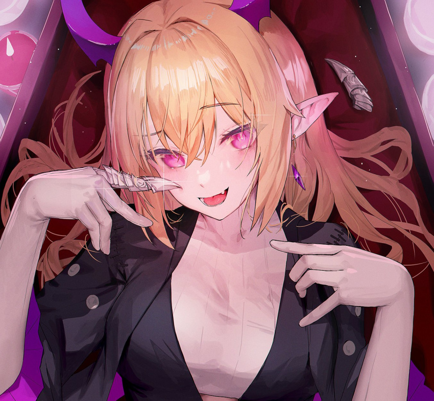 1girl, black_sleeves, blonde_hair, blush, claw_ring, earrings, fang, gloves