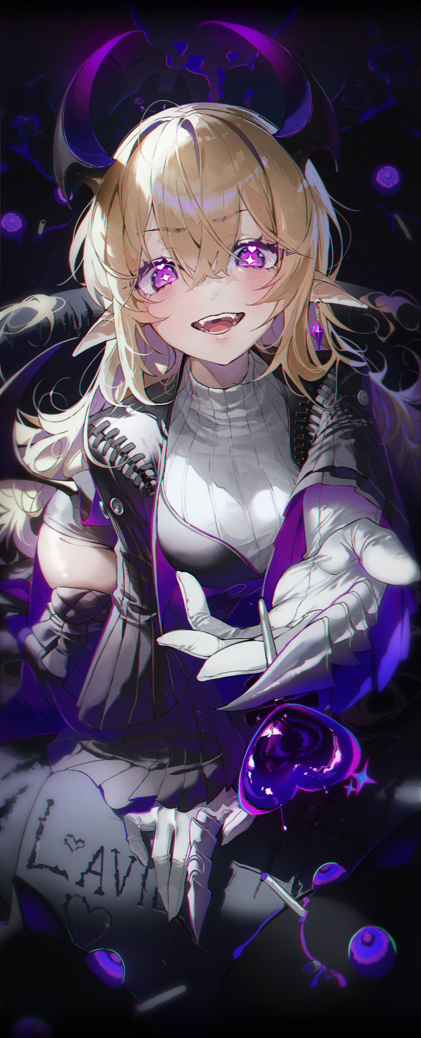 +_+, 1girl, absurdres, bat_wings, black_sleeves, black_wings, blonde_hair, breasts