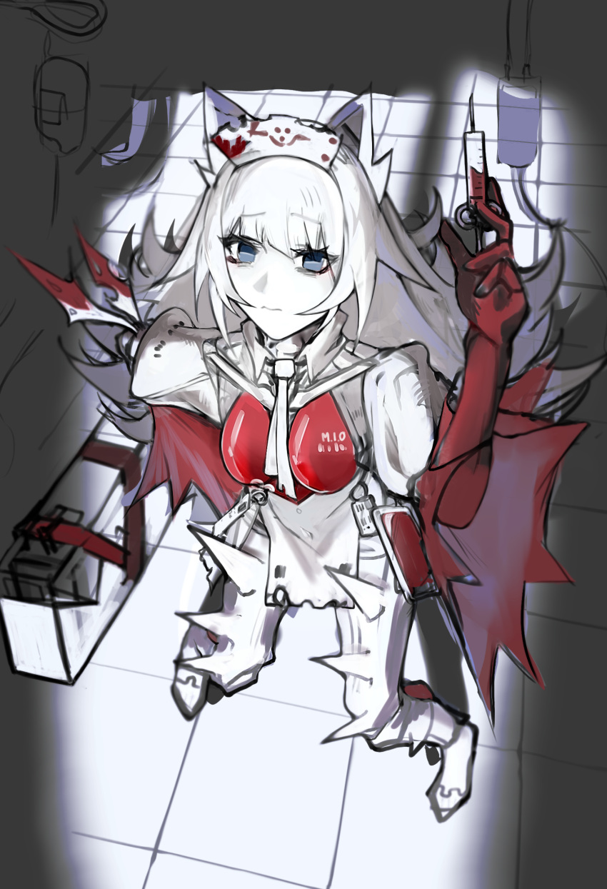 1girl, alternate_breast_size, animal_ears, closed_mouth, fake_animal_ears, grey_eyes, grey_hair, hat, highres, holding, holding_needle, long_hair, looking_at_viewer, mi0_nee, necktie, needle, no.21_(punishing:_gray_raven), nurse_cap, punishing:_gray_raven, shirt, sidelocks, solo, spiked_pants, white_necktie, white_shirt, wolf_ears