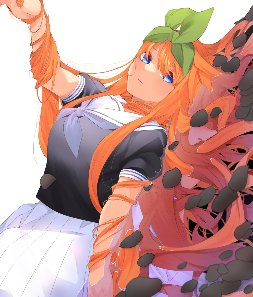 1girl, black_shirt, blue_eyes, go-toubun_no_hanayome, green_ribbon, hair_ribbon, highres, long_hair