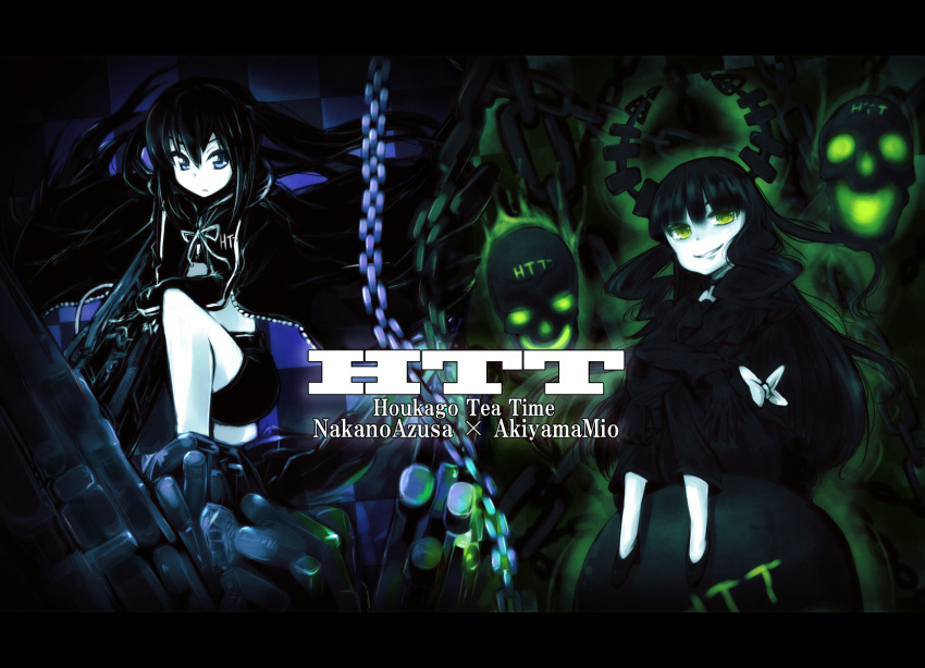 akiyama_mio, black_hair, black_rock_shooter, black_rock_shooter_(character), black_rock_shooter_(cosplay), blue_eyes, bow, chain