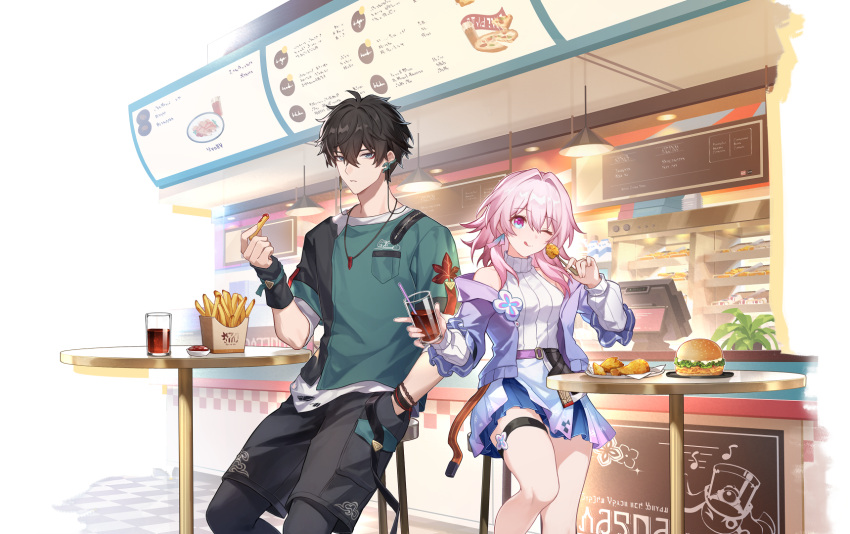 1boy, 1girl, belt, blue_eyes, blue_jacket, blue_skirt, breasts, burger, cowboy_shot, cup, dan_heng_(feast)_(honkai:_star_rail), dan_heng_(honkai:_star_rail), drinking_straw, flower_ornament, food, french_fries, gradient_jacket, hair_between_eyes, high_belt, highres, holding, holding_cup, holding_drinking_straw, holding_food, honkai:_star_rail, honkai_(series), jacket, layered_skirt, march_7th_(feast)_(honkai:_star_rail), march_7th_(honkai:_star_rail), medium_breasts, medium_hair, miniskirt, official_alternate_costume, official_art, one_eye_closed, pink_hair, purple_belt, purple_jacket, shirt, skirt, thigh_strap, tongue, turtleneck, white_shirt