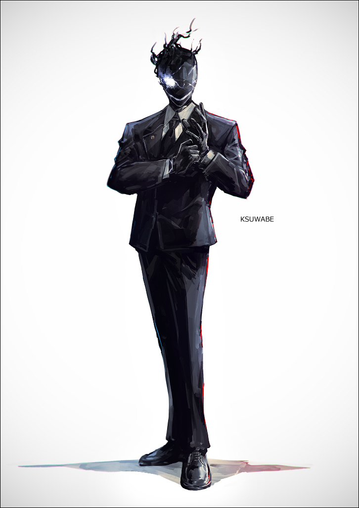 1boy, adjusting_clothes, adjusting_gloves, artist_name, black_footwear, black_gloves, black_necktie, black_suit