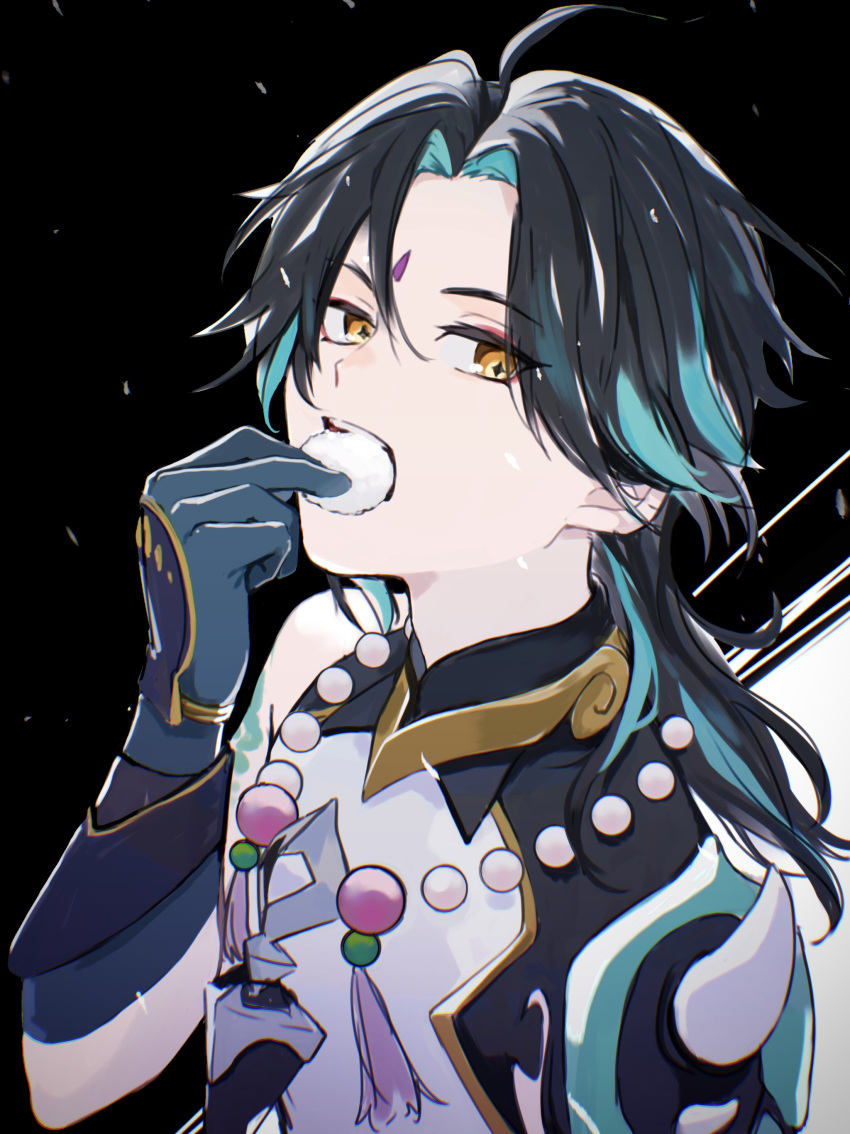 1boy, absurdres, ahoge, arm_tattoo, armor, black_background, black_hair, blue_gloves