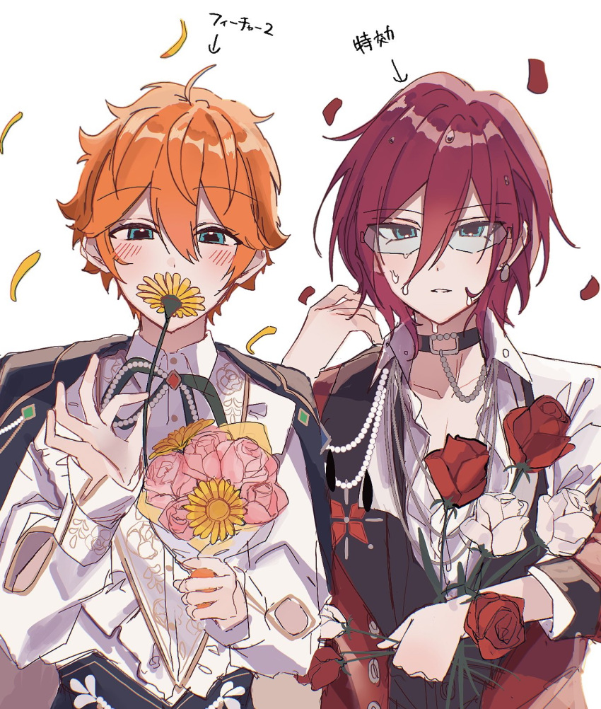 2boys, akehoshi_subaru, blue_eyes, blush, bouquet, ensemble_stars!, flower, flower_over_mouth, glasses, highres, holding, holding_bouquet, looking_at_viewer, male_focus, multiple_boys, orange_hair, parted_lips, pink_flower, pink_rose, rabi_(r_b_0215), red_flower, red_rose, redhead, rose, saegusa_ibara, short_hair, sunflower, teeth, translation_request, white_background, white_flower, white_rose, yellow_flower