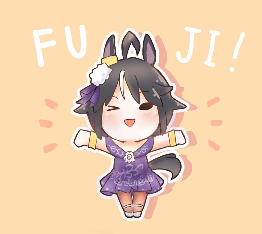 1girl, ahoge, animal_ears, black_hair, blush, character_name, chibi, chokueji