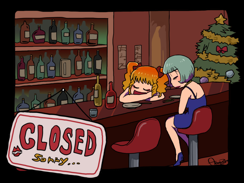 alcohol, amaizake, bar_(place), bar_stool, blonde_hair, blue_dress, christmas_tree, closed_sign