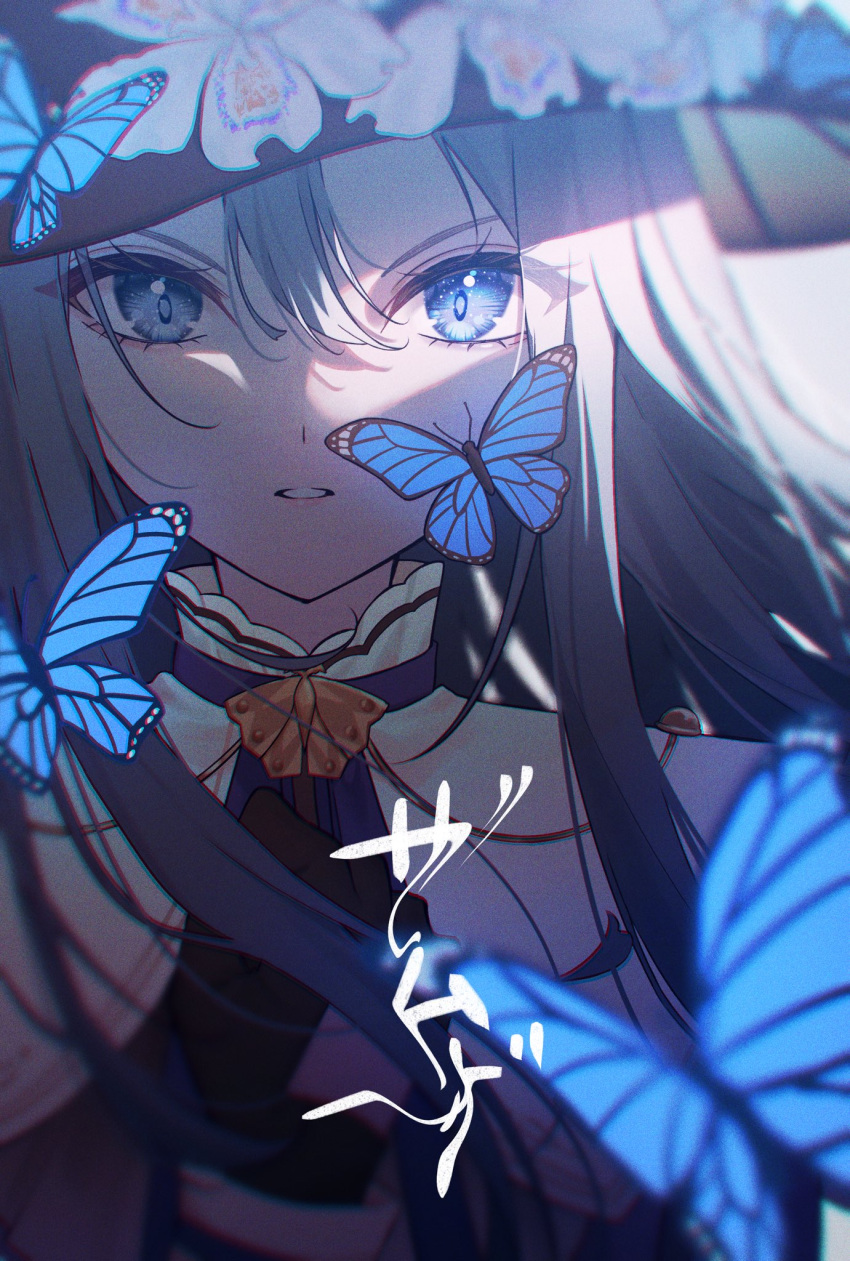 1girl, black_gloves, black_headwear, bloom, blue_butterfly, blue_eyes, blurry, bug