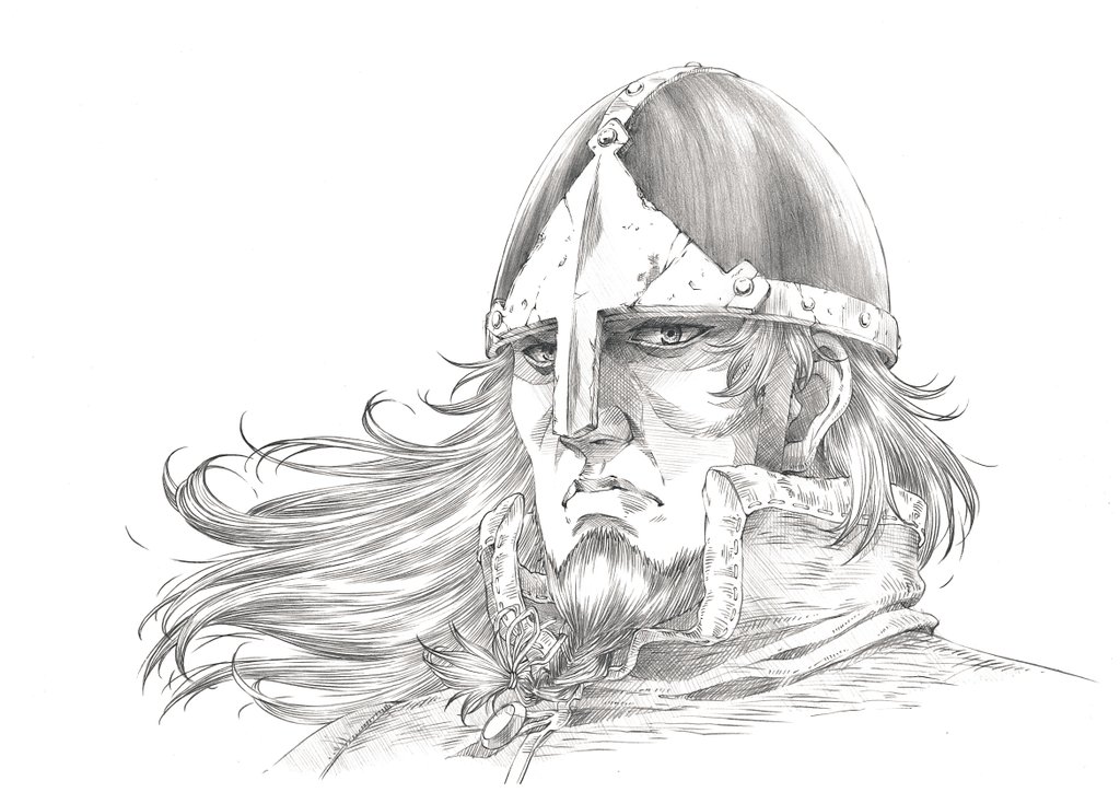 1boy, abiru_takahiko, beard, bjorn_(vinland_saga), cropped_shoulders, end_card, facial_hair, floating_hair
