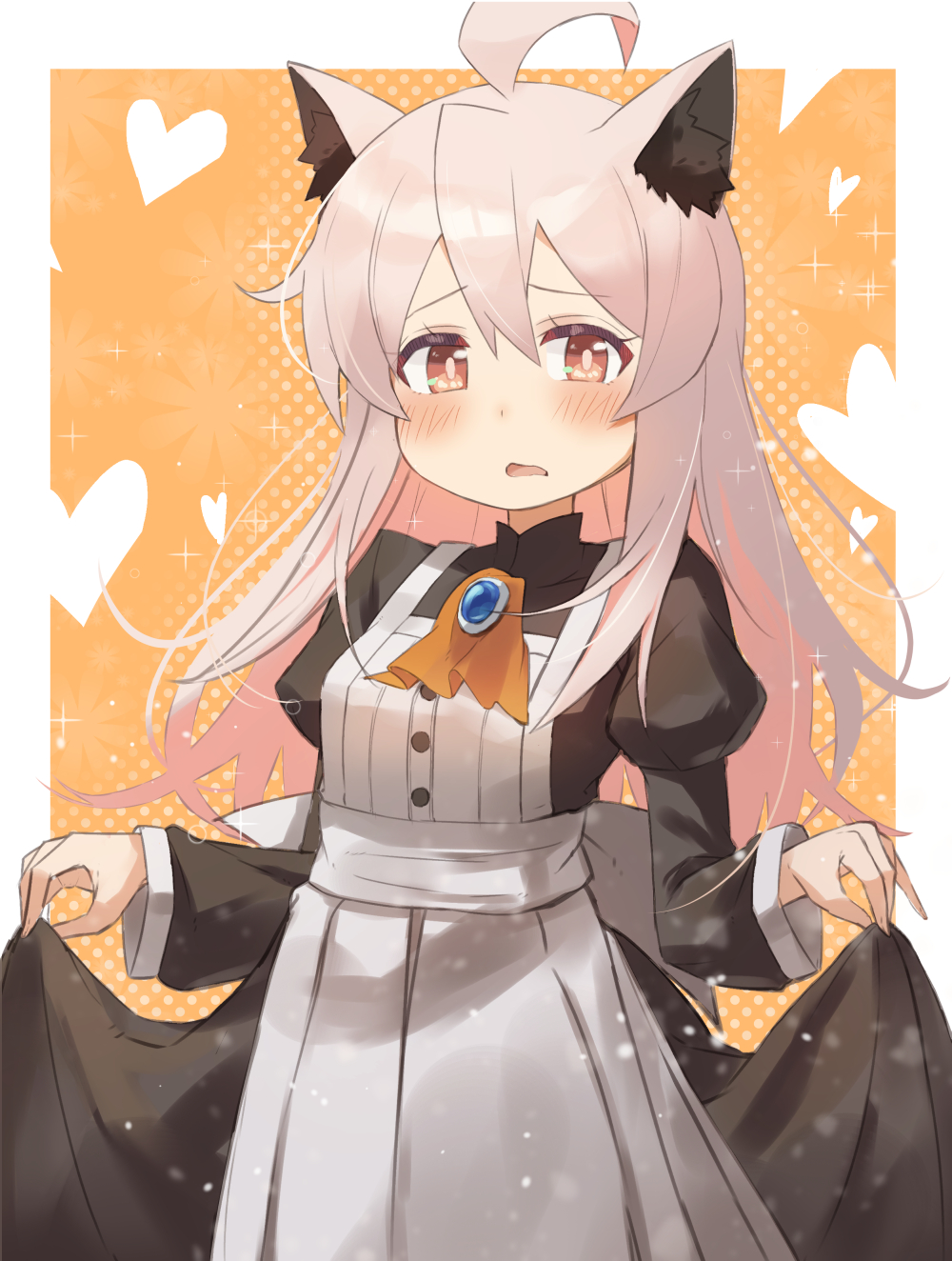 1girl, ahoge, animal_ear_fluff, animal_ears, apron, ascot, black_dress, blush