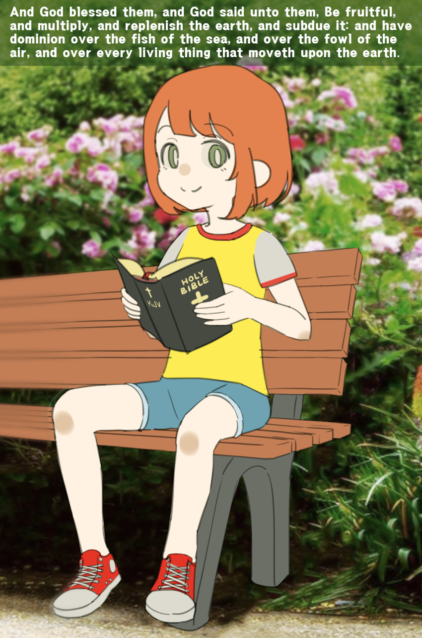 1girl, bench, bible_(object), bible_verse, black_cat03, blue_shorts, book, bush, closed_mouth, daughter_(yoru_mac), english_text, flower, green_eyes, highres, holding, holding_book, looking_at_viewer, mcdonald's, photo_background, red_footwear, shirt, short_hair, shorts, sitting, smile, solo, yellow_shirt, yoru_mac