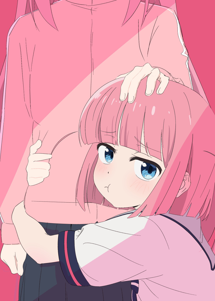 2girls, absurdres, black_skirt, blue_eyes, blush, bob_cut, bocchi_the_rock!, child