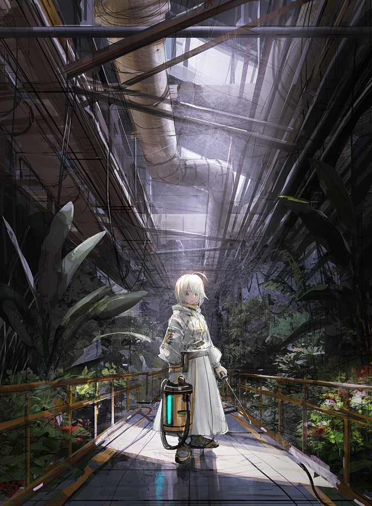 1girl, ahoge, full_body, haruaki_(onkai_planaria), holding, indoors, industrial_pipe, insecticide