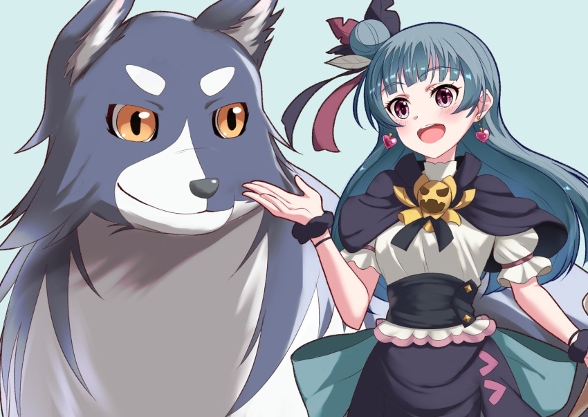 1girl, blue_background, blue_hair, blush, cape, closed_mouth, dog, earrings