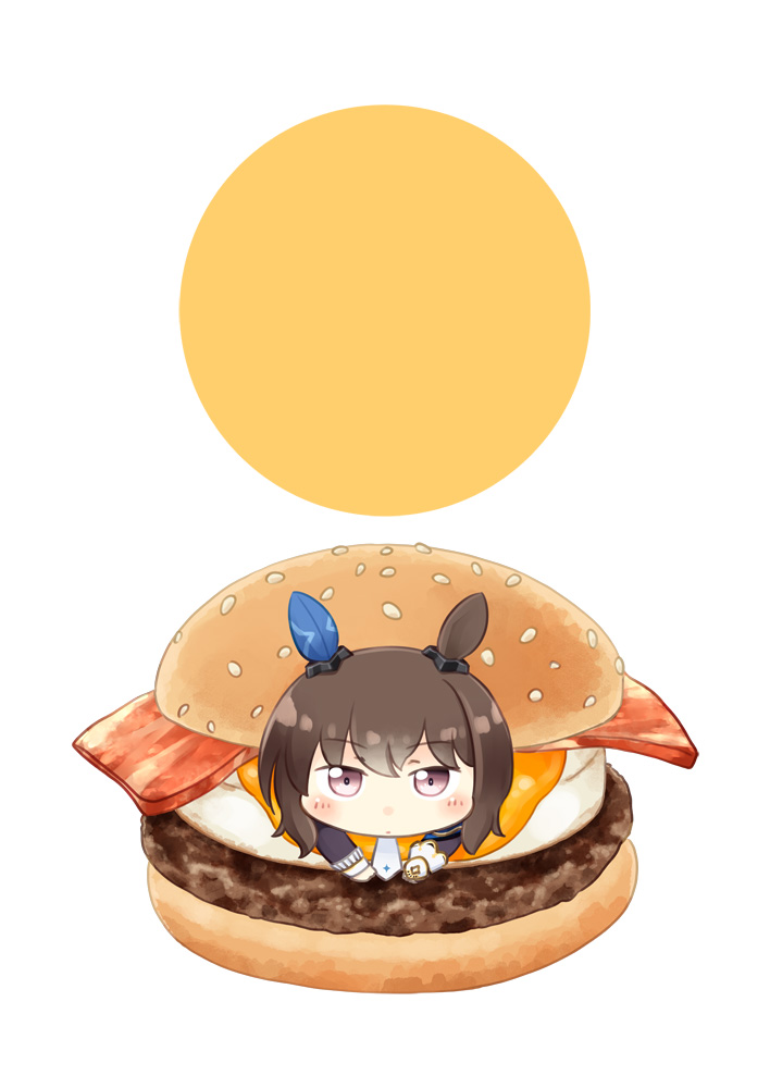 1girl, admire_vega_(umamusume), animal_ears, bacon, blush, brown_hair, ear_covers, egg