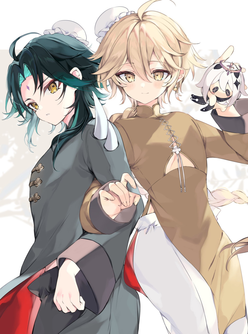 2boys, 52hz_mayday, aether_(genshin_impact), ahoge, alternate_costume, black_hair, black_scarf, blonde_hair, blue_hair, blush, braid, brown_shirt, bun_cover, character_doll, chinese_clothes, closed_mouth, commentary_request, crystal_hair_ornament, doll, dress, earrings, eyeshadow, facial_mark, fingernails, forehead_mark, genshin_impact, grey_pants, grey_shirt, hair_between_eyes, hair_ornament, halo, hands_up, highres, holding, holding_doll, jewelry, leaf, long_hair, long_sleeves, looking_at_viewer, makeup, male_focus, mandarin_collar, mechanical_halo, multicolored_hair, multiple_boys, paimon_(genshin_impact), pants, red_eyeshadow, scarf, shirt, short_hair, single_earring, smile, sparkle, standing, teeth, two-tone_hair, white_background, white_dress, white_hair, white_pants, wide_sleeves, xiao_(genshin_impact), yellow_eyes