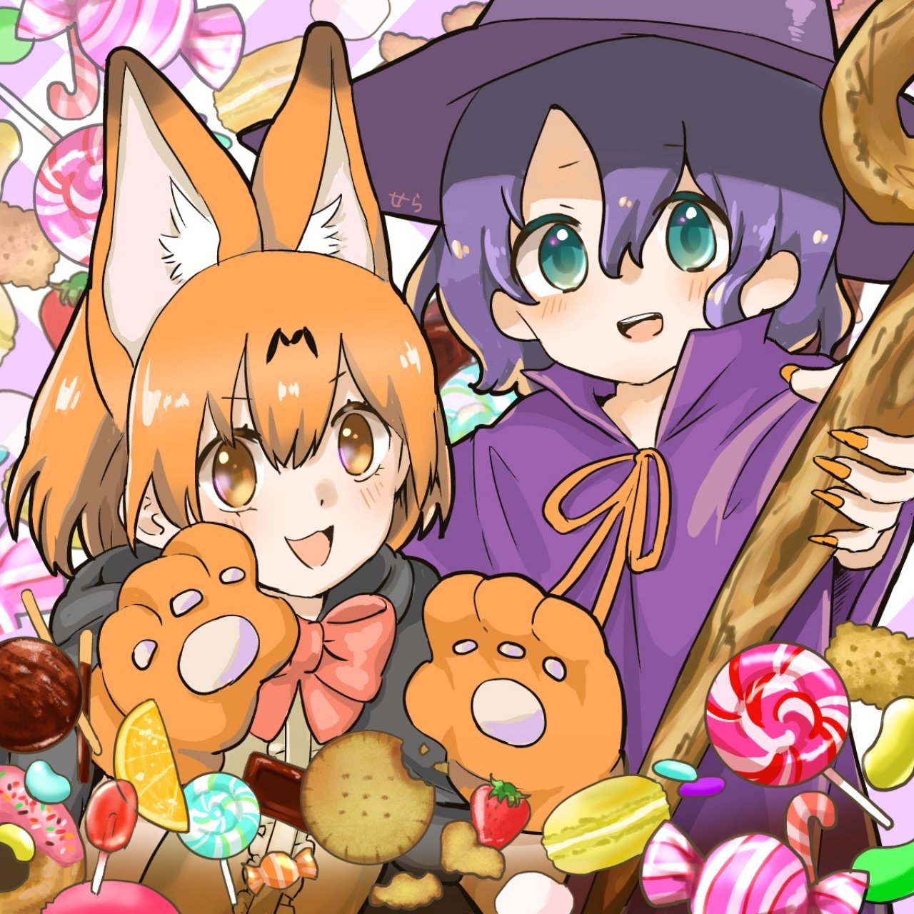 2girls, :3, animal_ears, animal_hands, black_cape, black_hair, blue_eyes, blush