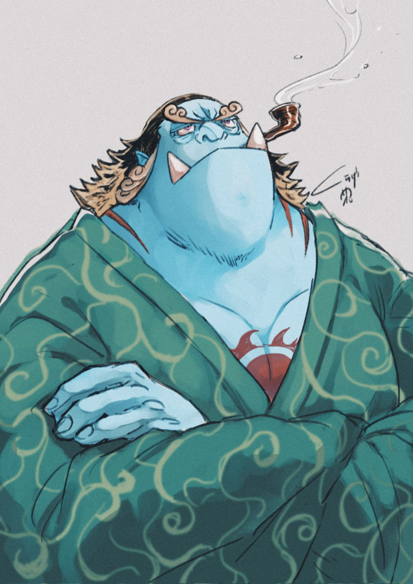 1boy, alternate_costume, black_hair, blue_skin, colored_skin, crossed_arms, curly_eyebrows, fins