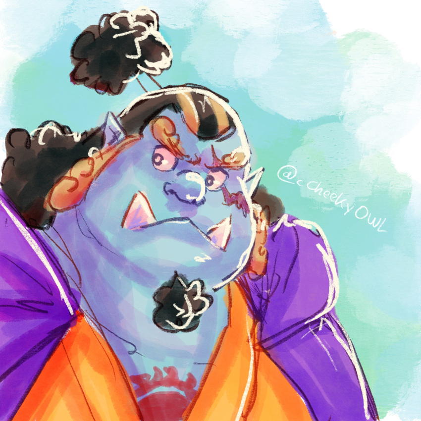 1boy, black_hair, blue_background, blue_skin, cheekyowl, colored_skin, curly_eyebrows, facial_hair