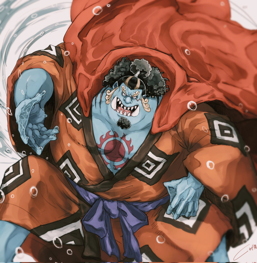 1boy, belly, belt, black_hair, blue_skin, bubble, coat, coat_on_shoulders