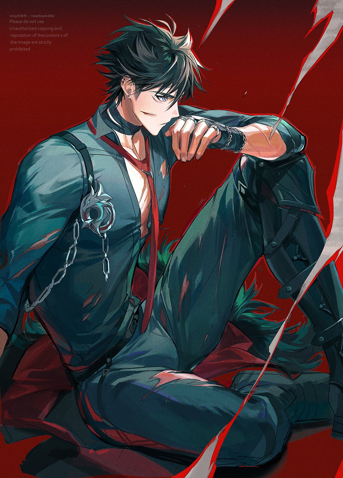 1boy, arm_support, black_choker, black_coat, black_footwear, black_gloves, black_pants, bulge, choker, coat, fingerless_gloves, genshin_impact, gloves, highres, male_focus, pants, red_background, scar, scar_on_chest, shirt, short_hair, sitting, solo, tianxiaoye_ansel.s, torn_clothes, torn_shirt, wriothesley_(genshin_impact)