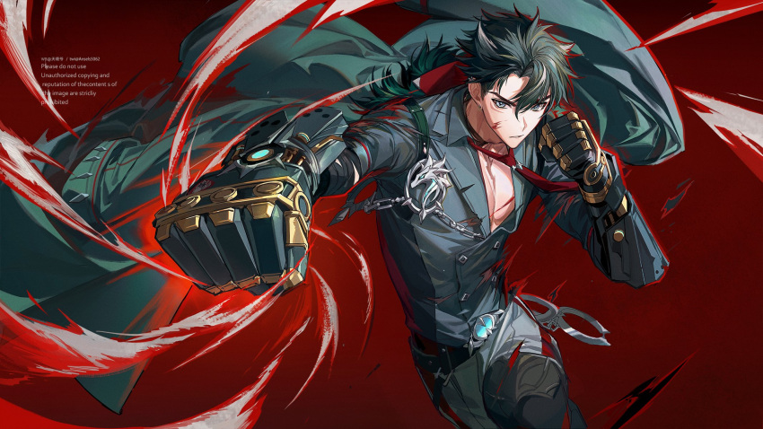 1boy, animal_ears, black_coat, black_hair, black_pants, black_sleeves, clenched_hand, closed_mouth