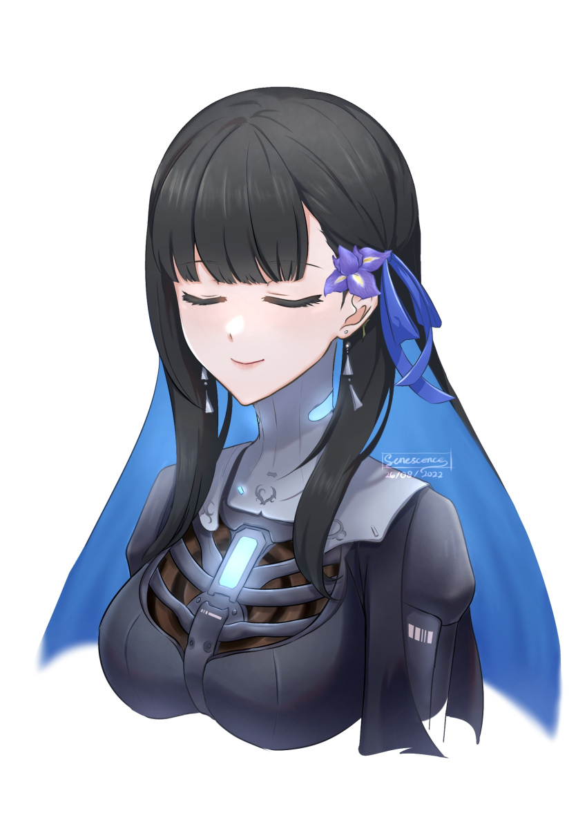 1girl, absurdres, artist_name, black_dress, black_hair, blue_hair, bob_cut, closed_eyes, colored_inner_hair, dated, dress, earrings, flower, flower_request, hair_flower, hair_ornament, highres, jewelry, mechanical_parts, multicolored_hair, punishing:_gray_raven, purple_flower, selena:_tempest_(punishing:_gray_raven), selena_(punishing:_gray_raven), senescence, solo, upper_body, watermark, white_background