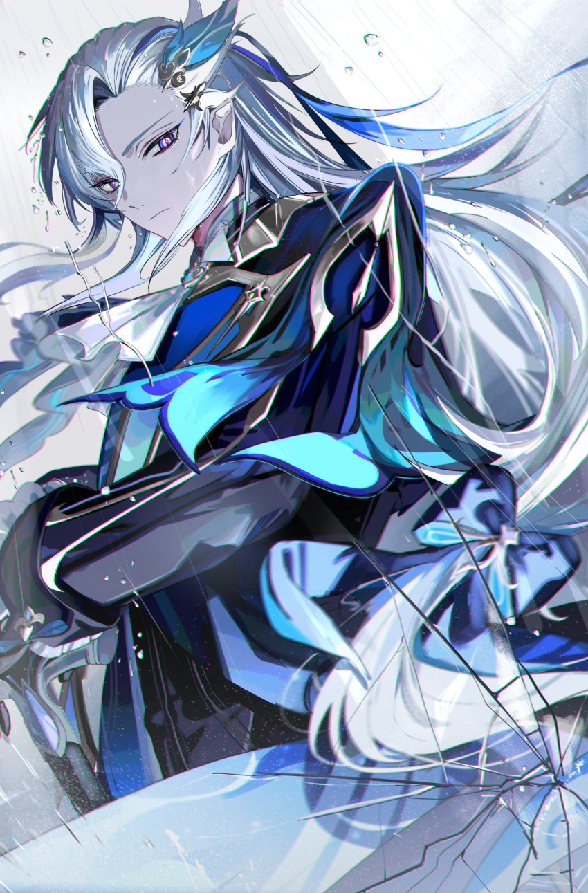 1boy, absurdres, black_sleeves, blue_ribbon, cane, closed_mouth, expressionless, genshin_impact