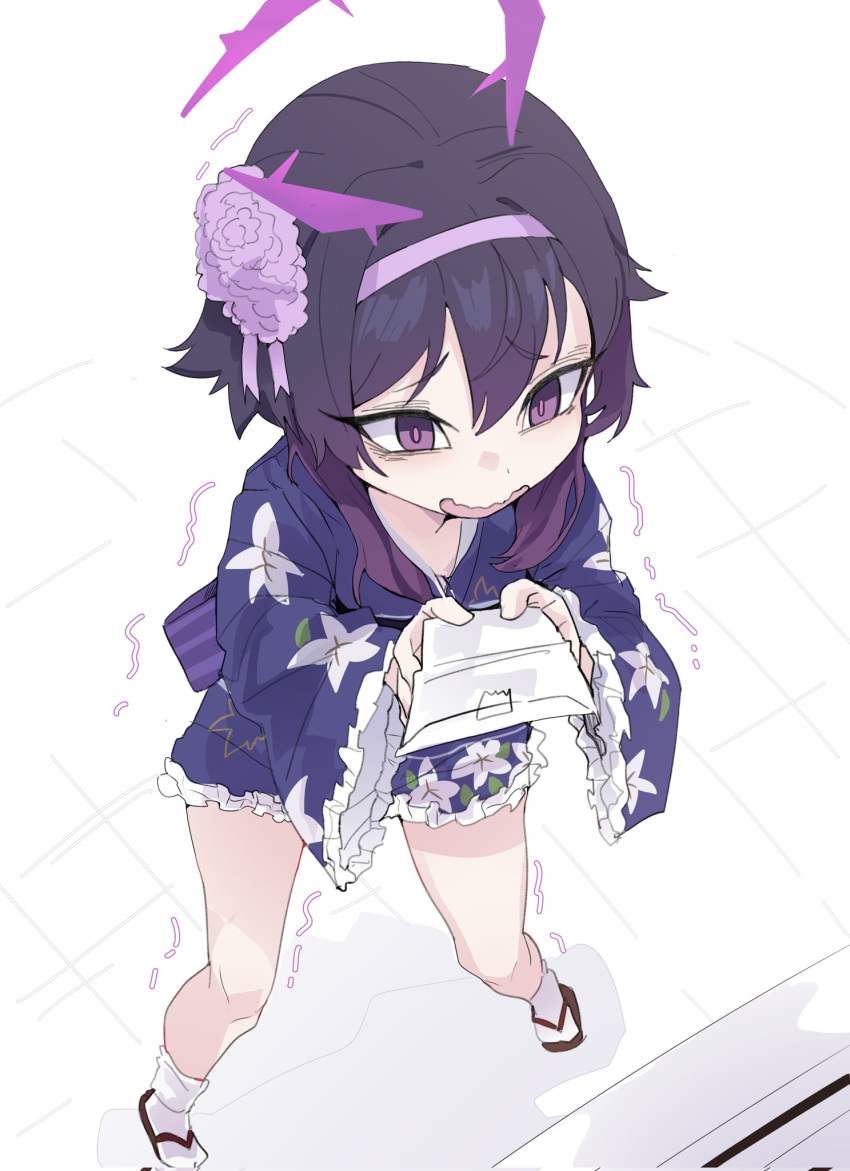 1girl, blue_archive, commentary_request, envelope, floral_print, frills, hair_between_eyes, hairband