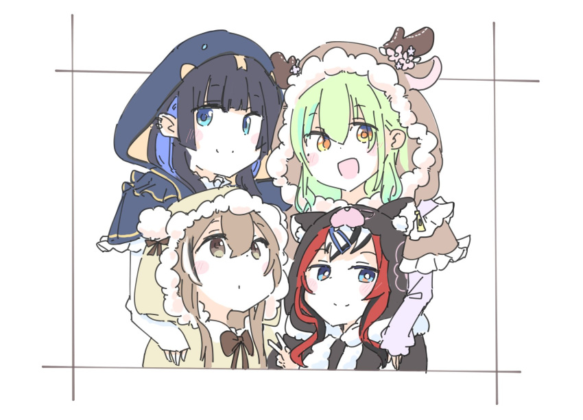 4girls, :d, animal_hood, bear_hood, black_capelet, blue_eyes, blue_hair, brown_capelet