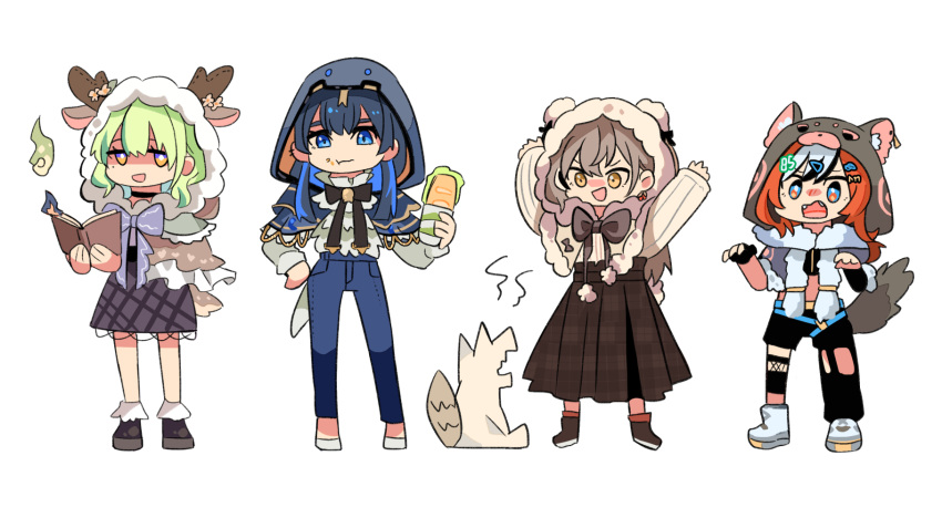 4girls, :d, animal_ears, animal_hood, antlers, bear_ears, bear_hood, belt