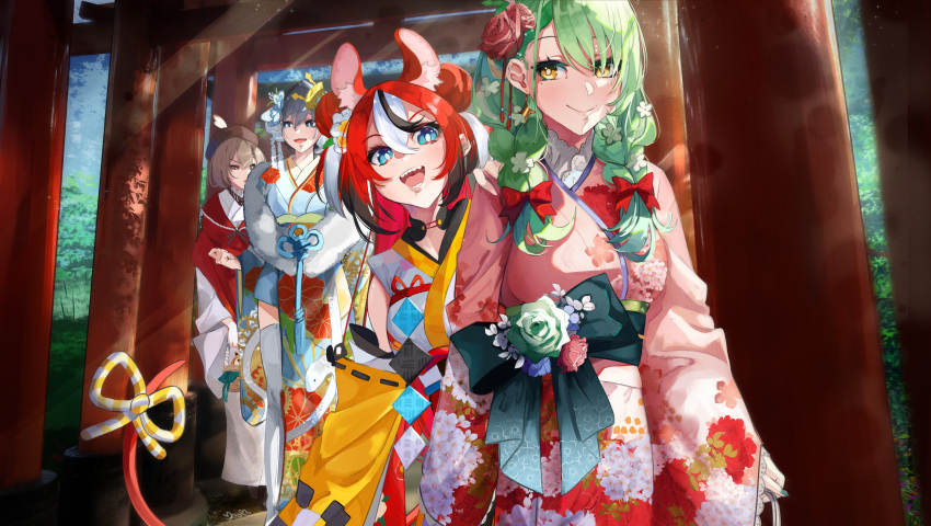 4girls, absurdres, animal_ears, black_hair, braid, brown_hair, ceres_fauna, ceres_fauna_(new_year)