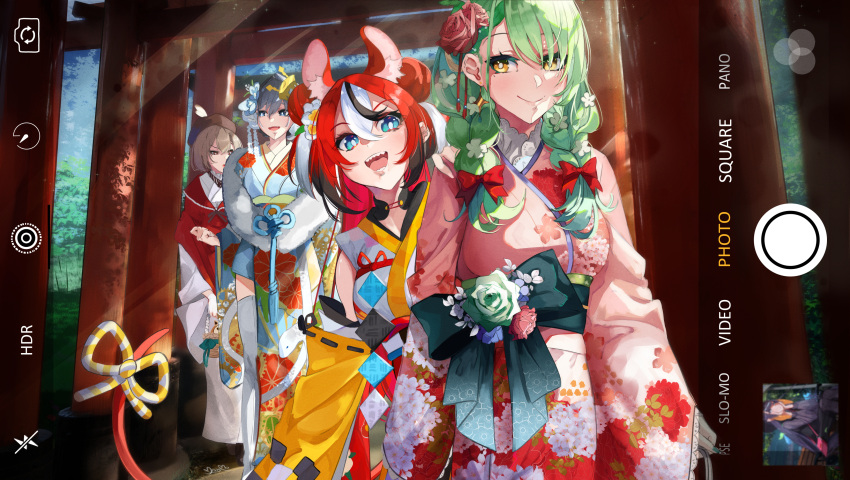 4girls, absurdres, animal_ears, black_hair, braid, brown_hair, ceres_fauna, ceres_fauna_(new_year)