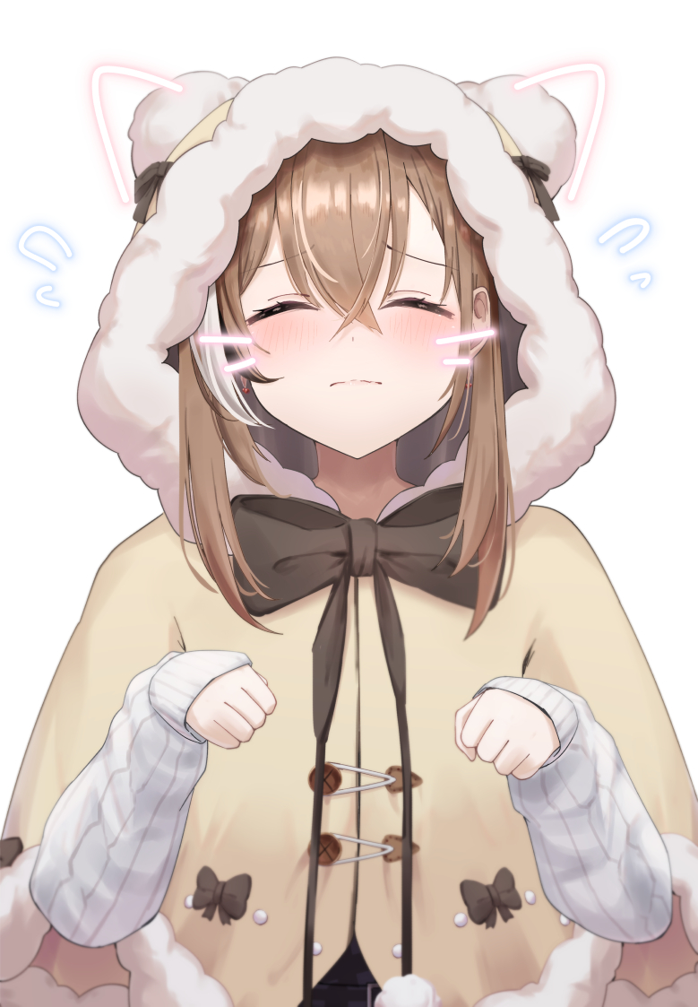 1girl, animal_hood, bear_hood, blush, brown_capelet, brown_hair, capelet, closed_eyes