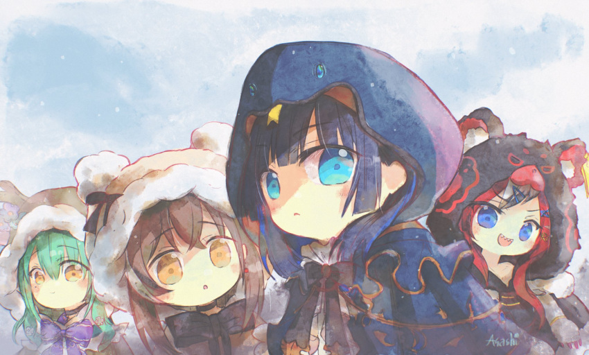 4girls, :<, :d, :o, animal_hood, asashi, bear_hood, black_capelet, blue_capelet, blue_eyes, blue_hair, brown_capelet, brown_hair, capelet, ceres_fauna, chibi, crossed_bangs, deer_hood, green_hair, hakos_baelz, highres, holocouncil, hololive, hololive_english, hood, mole, mole_under_eye, multicolored_hair, multiple_girls, nanashi_mumei, official_alternate_costume, ouro_kronii, redhead, ribbon, sharp_teeth, smile, snake_hood, snowing, streaked_hair, tasmanian_devil_ears, teeth, virtual_youtuber