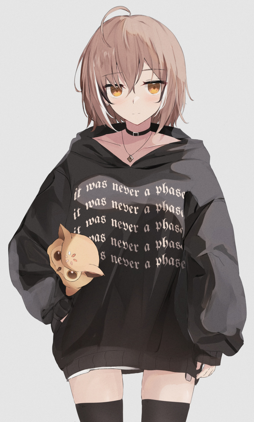 1girl, black_choker, black_hair, black_hoodie, black_thighhighs, blonde_hair, choker, clothes_writing