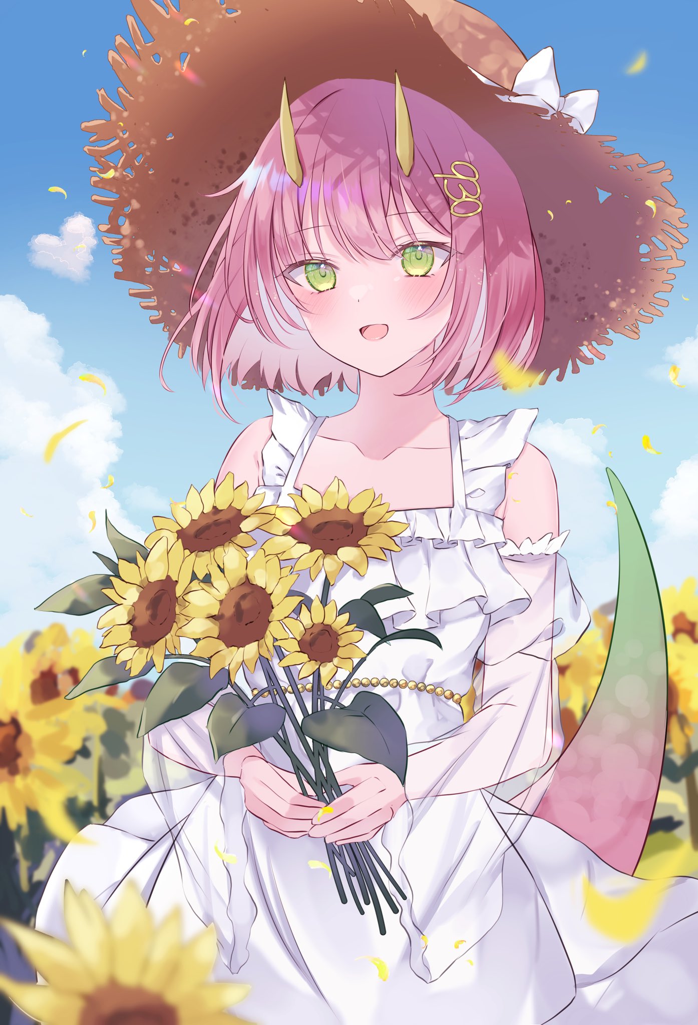 1girl, blush, bow, brown_headwear, detached_sleeves, dress, flower, green_eyes