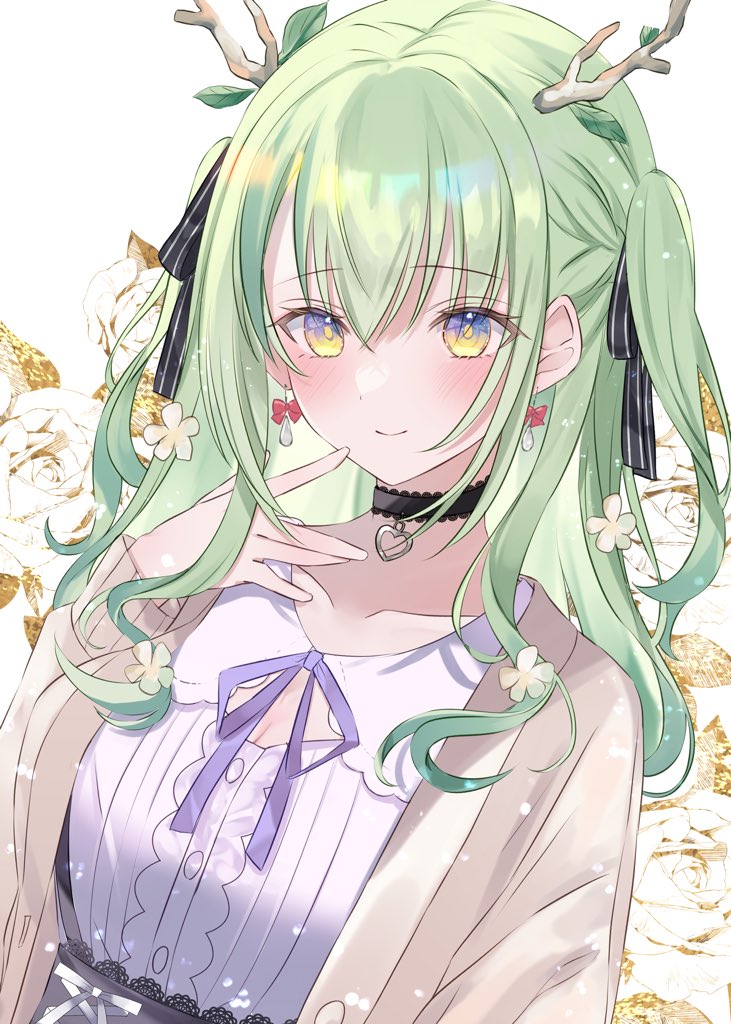 1girl, antlers, black_choker, bow, bow_earrings, brown_jacket, ceres_fauna, ceres_fauna_(3rd_costume)