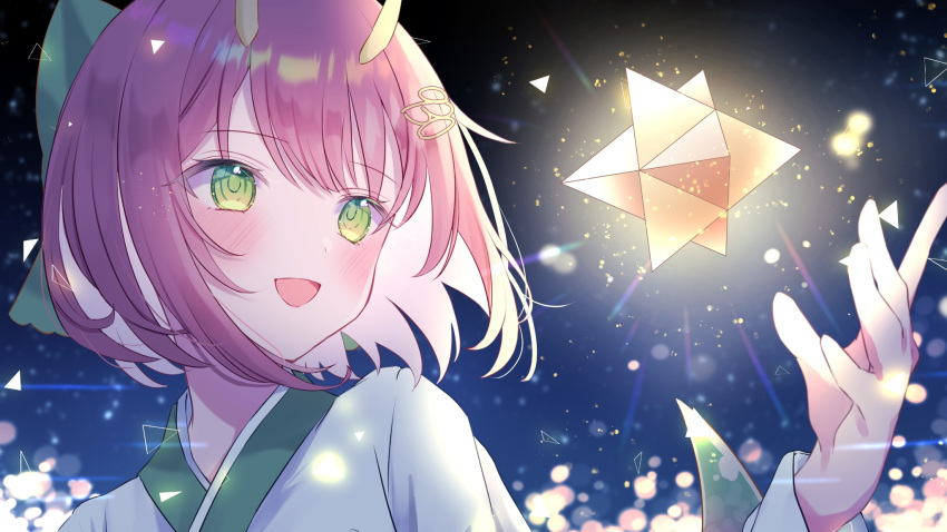 1girl, blush, bow, green_bow, green_eyes, green_kimono, gusao, hair_bow