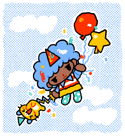 balloon, birthday, blue_hair, blue_socks, chibi, closed_eyes, closed_mouth, clouds