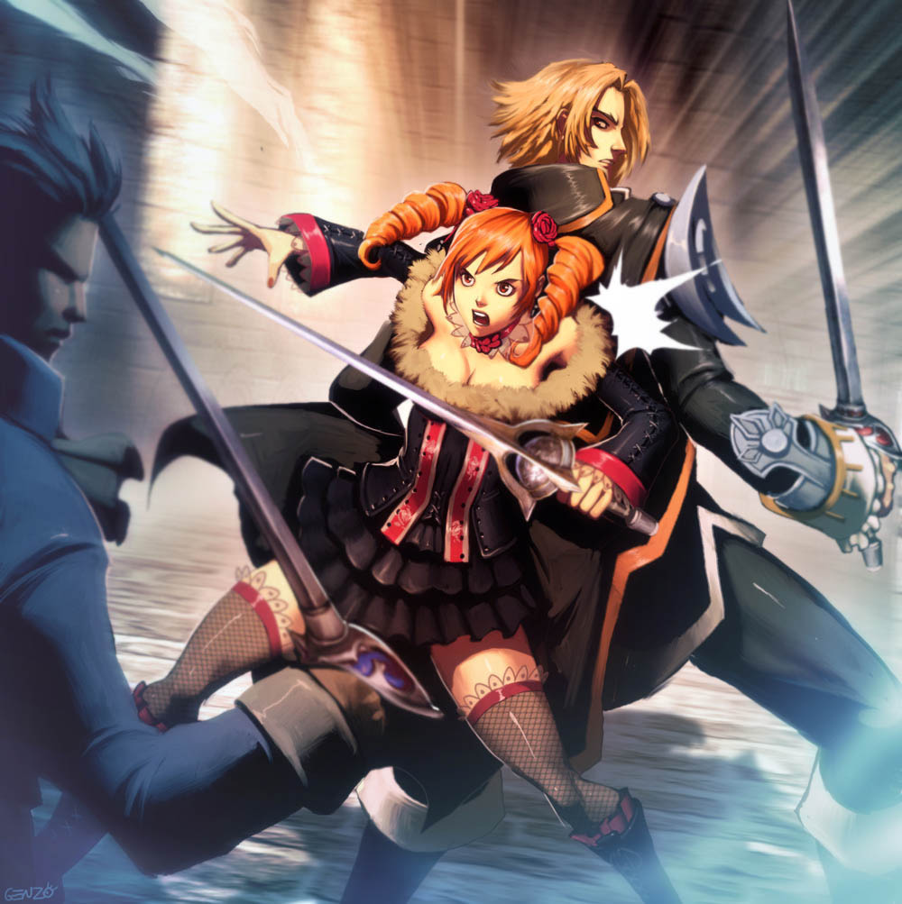 back-to-back, breasts, choker, cleavage, dress, drill_hair, father_and_daughter, fighting_stance