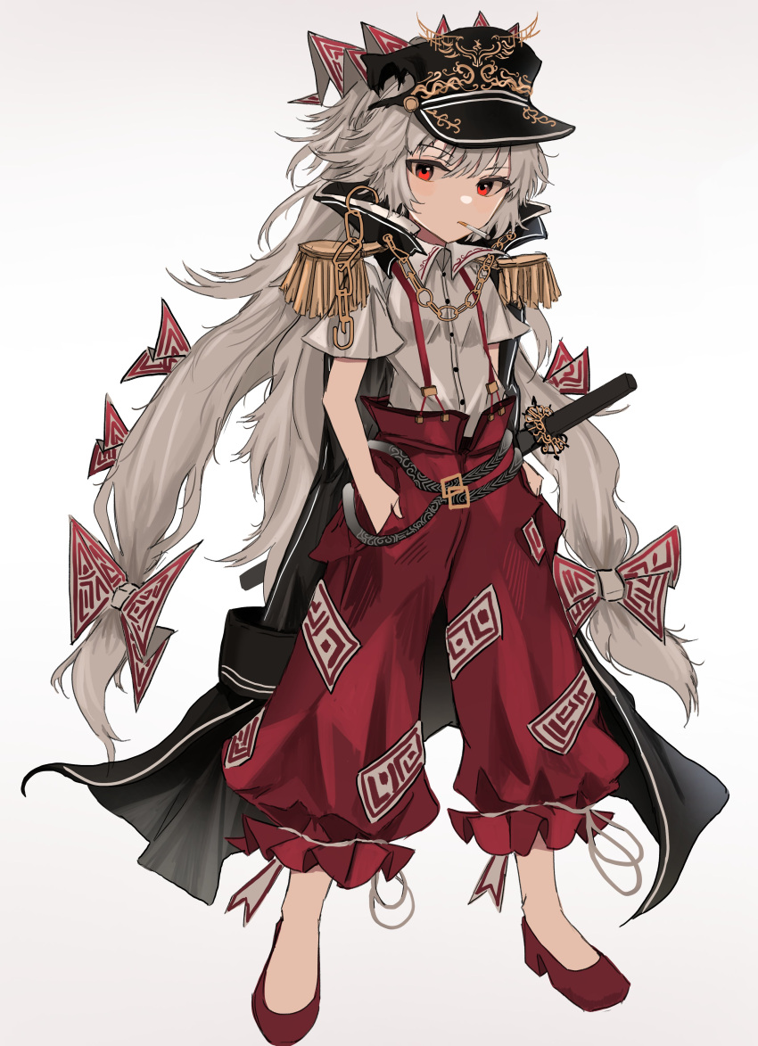 1girl, absurdres, belt, belt_buckle, black_cape, buckle, cape, chain, cigarette, collared_shirt, fujiwara_no_mokou, full_body, hair_between_eyes, hands_in_pockets, hat, highres, holding, holding_cigarette, light_blush, long_hair, looking_at_viewer, mouth_hold, ofuda, ofuda_on_clothes, ougiikun, pants, puffy_pants, red_eyes, red_footwear, red_pants, ribbon, ribbon-trimmed_pants, shirt, shoes, short_sleeves, simple_background, solo, standing, strap, torn_clothes, torn_hat, touhou, visor_cap, white_background, white_hair, white_ribbon, white_shirt